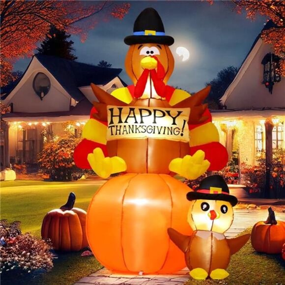 6 FT Thanksgiving Inflatables Turkey Decorations Blow Up Yard Turkey on Pumpkin - Picture 1 of 7